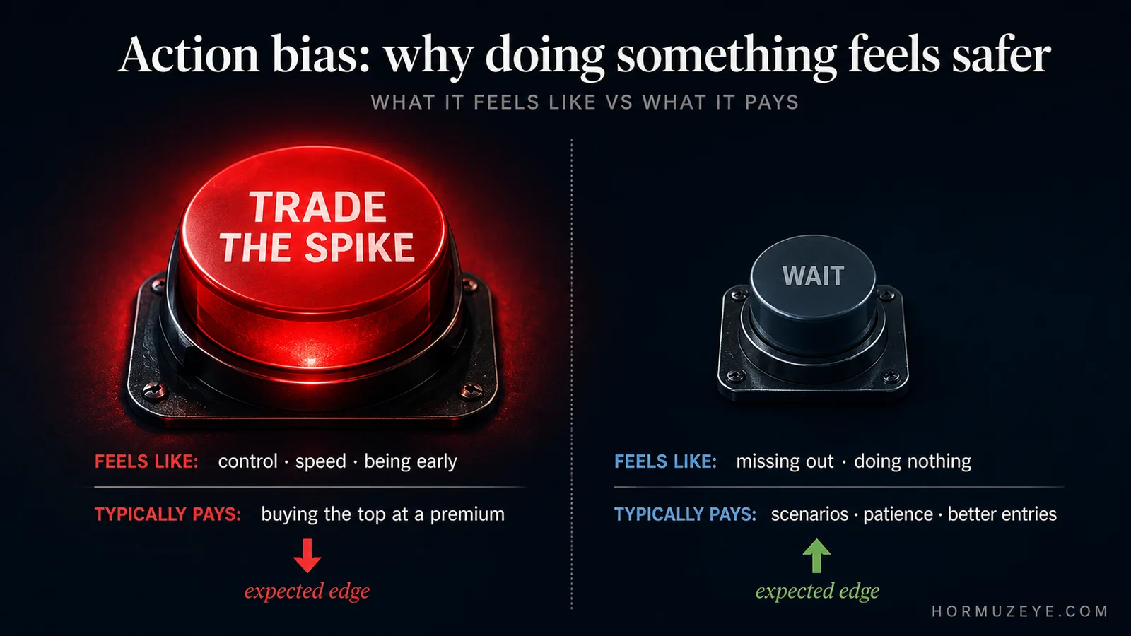 Infographic comparing the urge to trade an oil spike with waiting, showing action bias in trading decisions