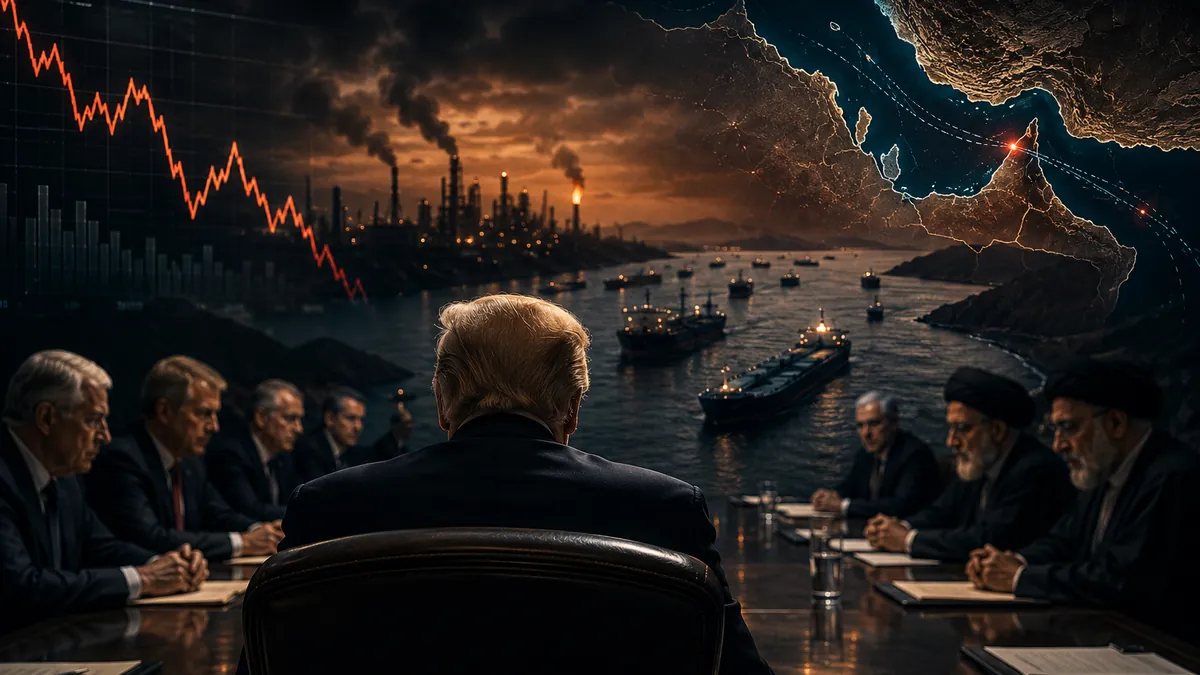 US-Iran negotiations with oil tankers near the Strait of Hormuz and a volatile oil price chart, the geopolitical cost of the Iran war