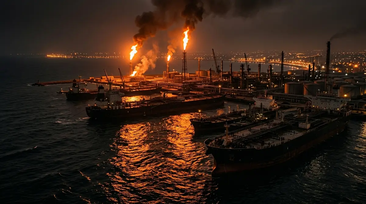 Raffinerie de pétrole en feu avec une grande explosion et des panaches de fumée pendant la crise énergétique d'Ormuz