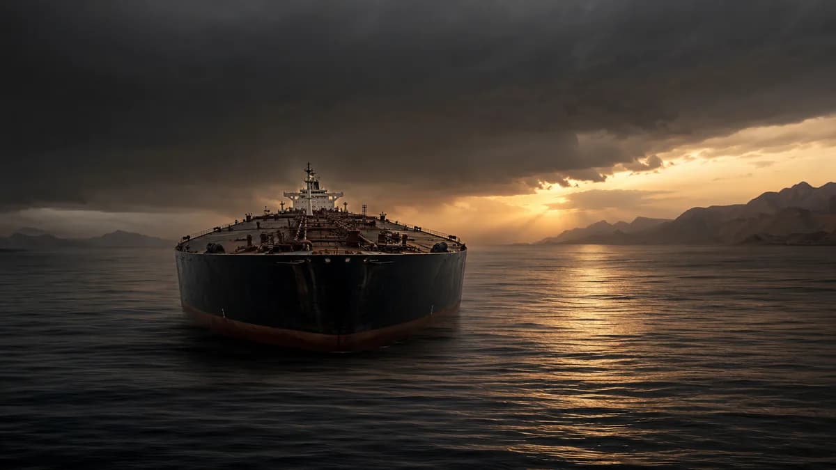 Superpetrolero cruzando el estrecho de Ormuz al anochecer bajo un cielo tormentoso con luz dorada en el horizonte