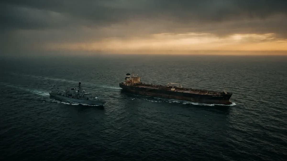 Pétrolier sous escorte navale dans les eaux du Golfe à l'aube, illustration des conditions de risque de guerre près d'Ormuz