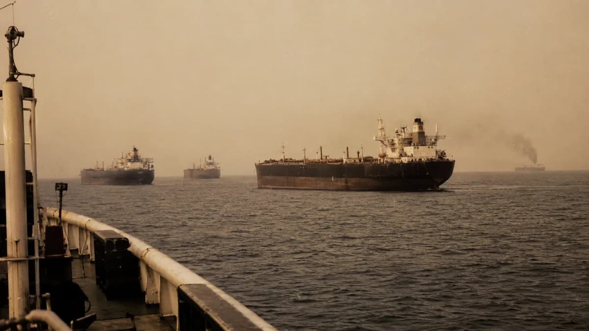 Convoi de pétroliers dans le golfe Persique pendant la guerre des pétroliers des années 1980, photographie d'archive voilée avec fumée à l'horizon