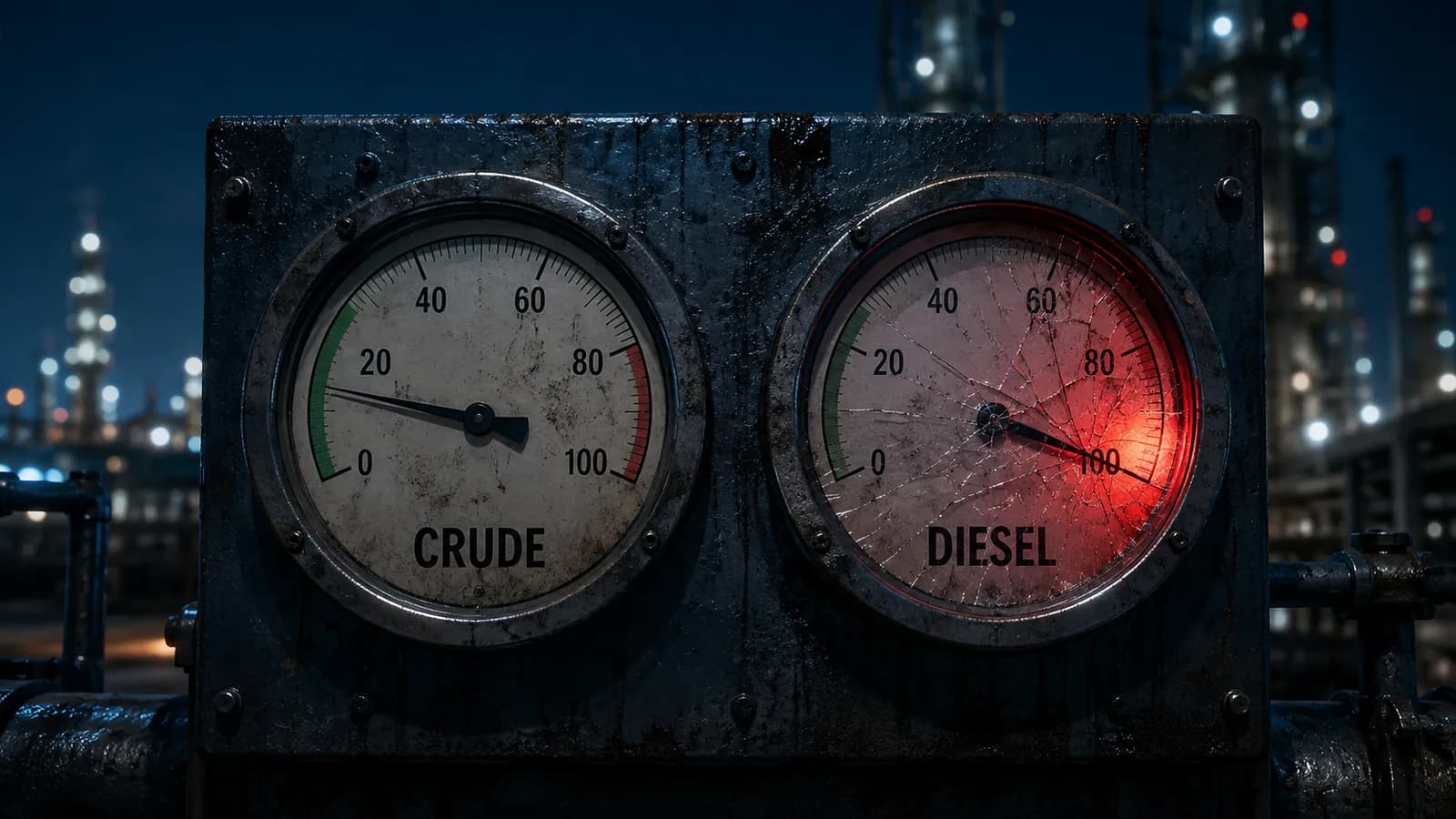 Refinery gauge panel: crude needle calm, diesel gauge cracked past 100, symbolizing the record diesel crack spread