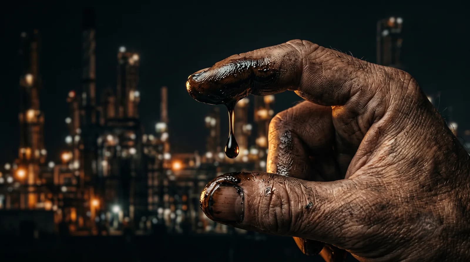 Gros plan d'une main burinée aux doigts couverts de pétrole brut, une goutte noire tombe dans la lumière dorée