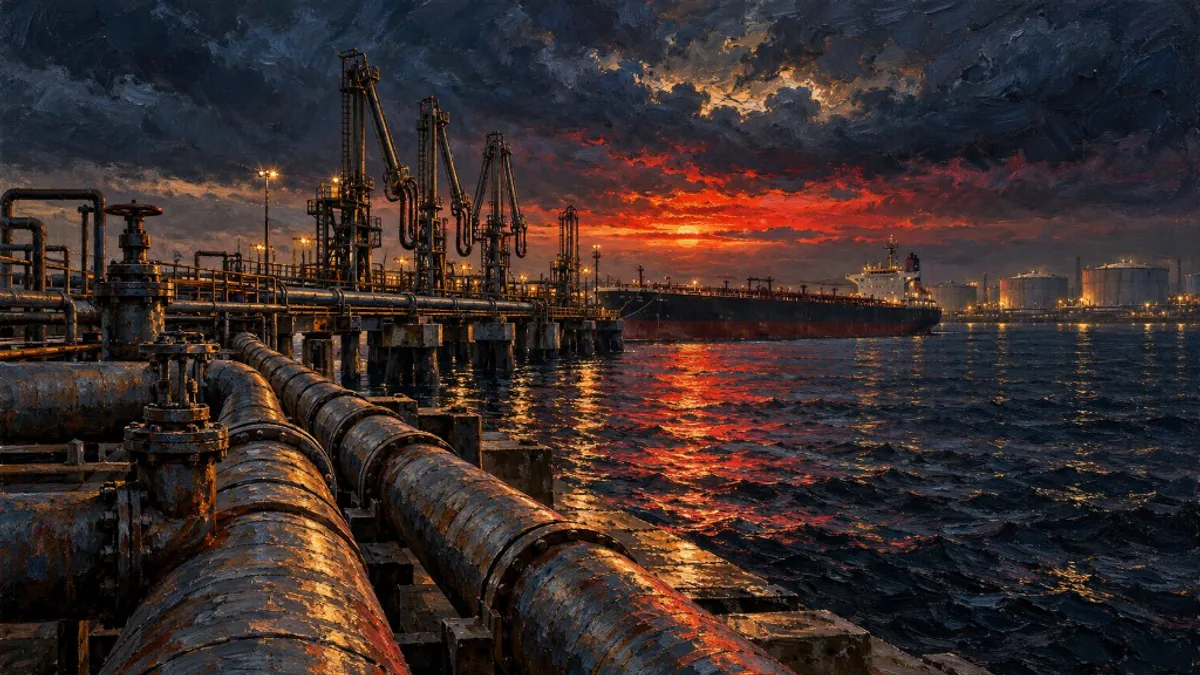 Peinture à l'huile : pipelines et bras de chargement d'un terminal du Golfe, avec un pétrolier amarré sous un ciel cramoisi.
