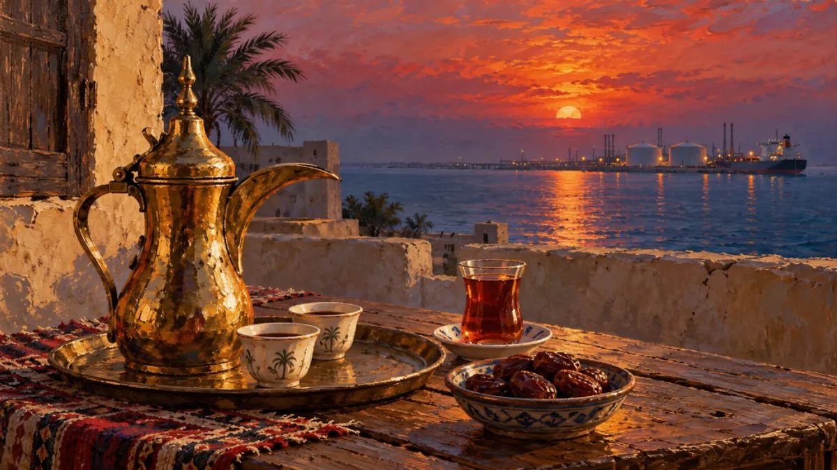 Peinture à l'huile : café arabe, thé et dattes sur une terrasse face à un terminal du Golfe au coucher du soleil.