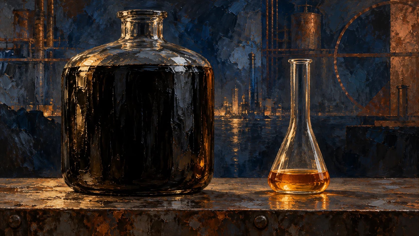 Redactionele schildering van een groot vat met ruwe olie naast een kleine fles geraffineerde brandstof, als symbool voor ongelijk herstel van de aanvoer.
