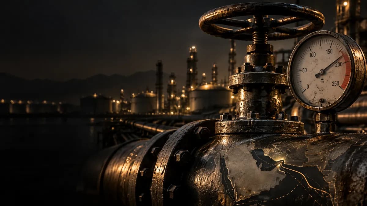 Ölventil und Druckanzeige symbolisieren den wachsenden Druck auf das Energiesystem in der Hormuz-Krise.