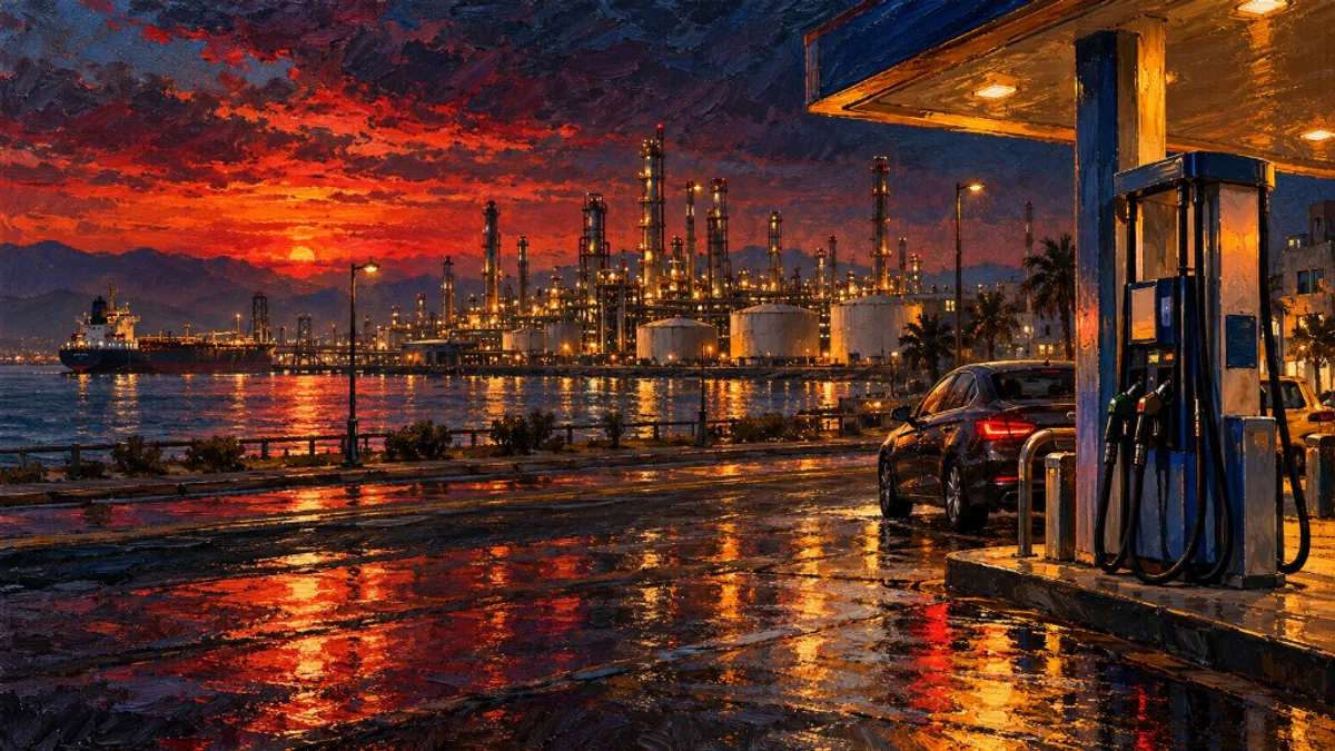 Oil painting of a street fuel pump overlooking a coastal refinery and tanker beneath a crimson sky.