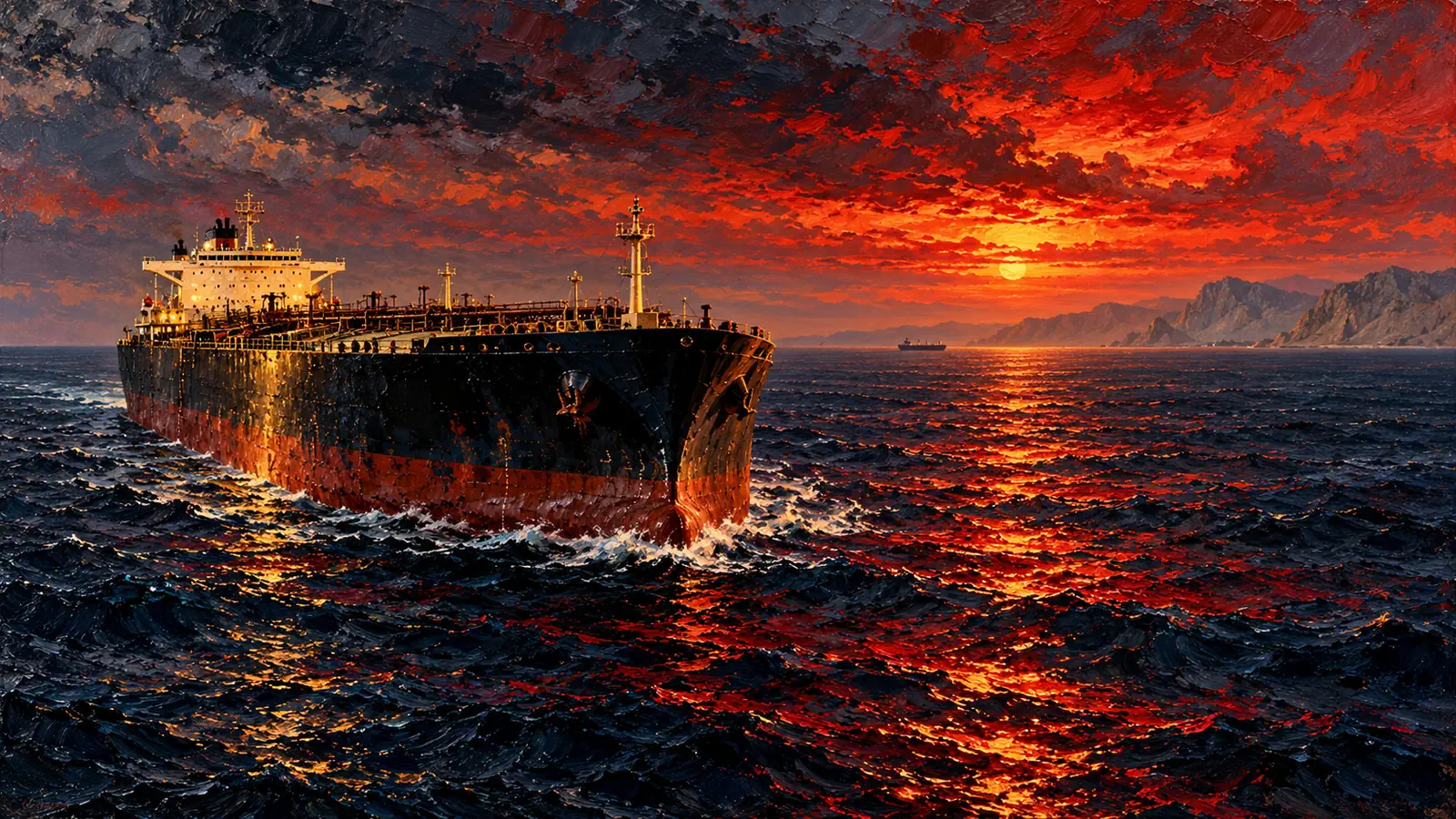 Olieverfschilderij van een olietanker in de Straat van Hormuz onder een bloedrode lucht, teken van ernstig scheepvaartrisico.