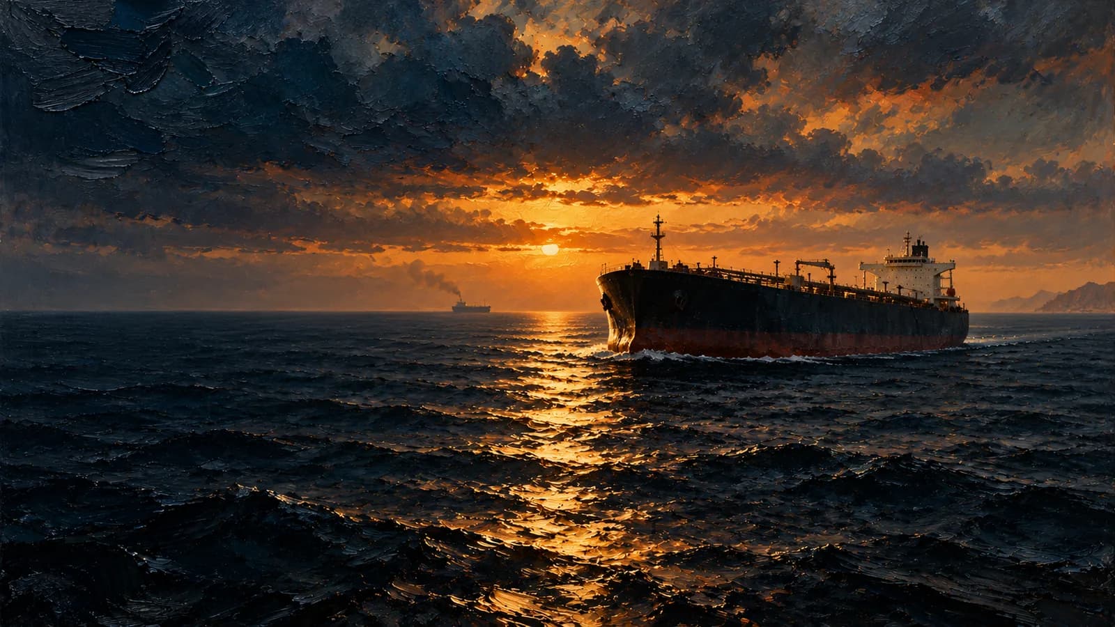 Petrolero cruzando el estrecho de Ormuz al atardecer, con humo saliendo de un barco en el horizonte