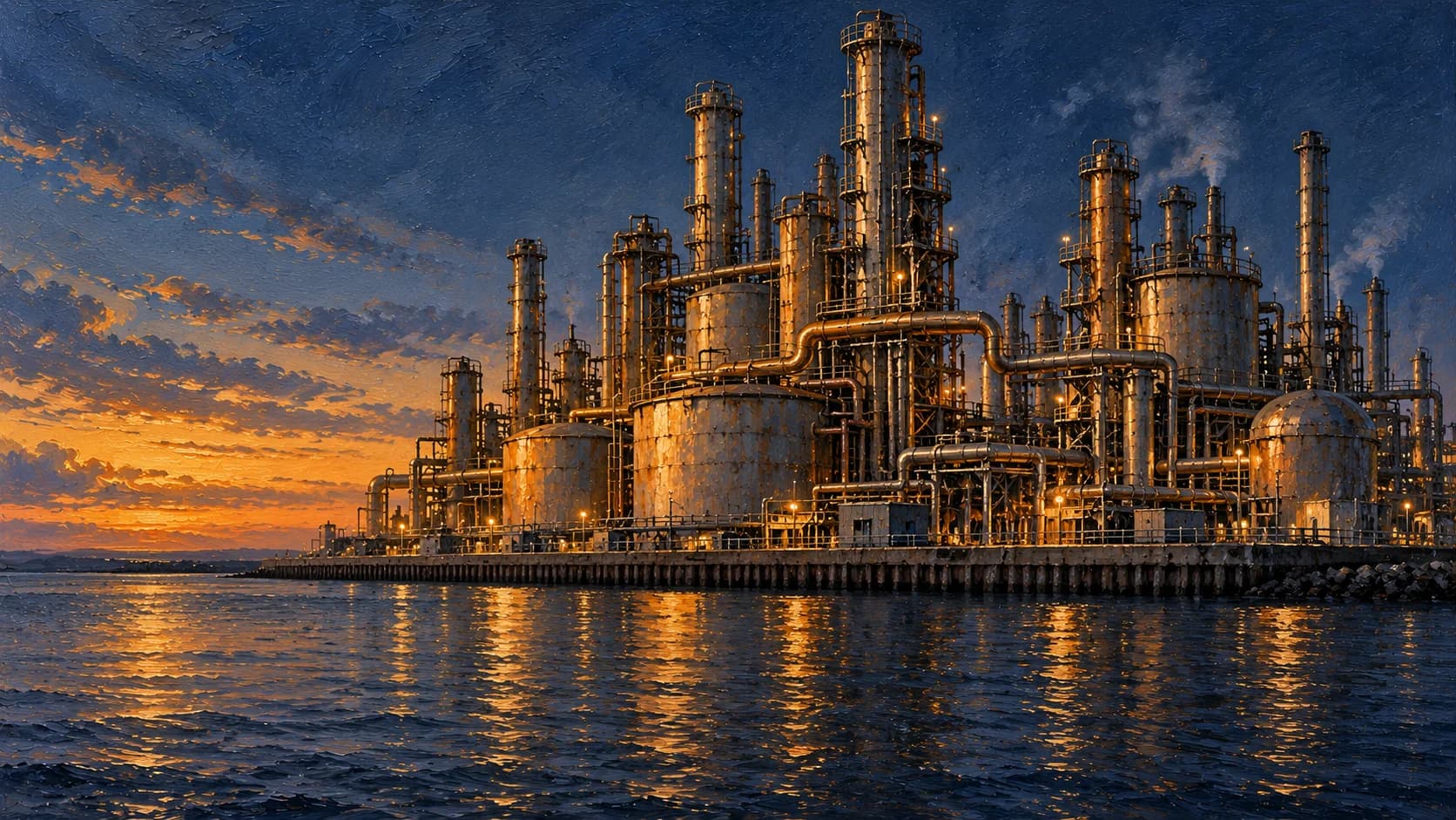 Illustratie van een raffinaderij aan de Golfkust bij zonsondergang, bij de Hormuz-risicoanalyse van 92 naar 88.