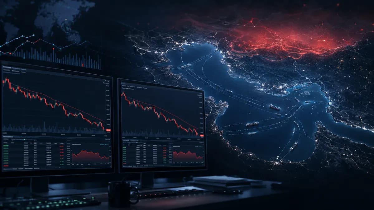 Graphique du prix du pétrole sur une carte satellite nocturne du Moyen-Orient et du détroit d'Ormuz