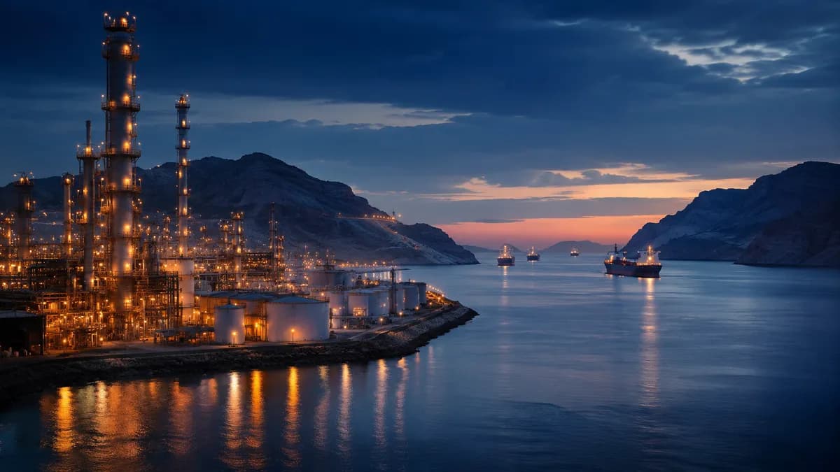 Oil refinery and tankers at dusk near the Strait of Hormuz illustrating fragile market normalization June 2026