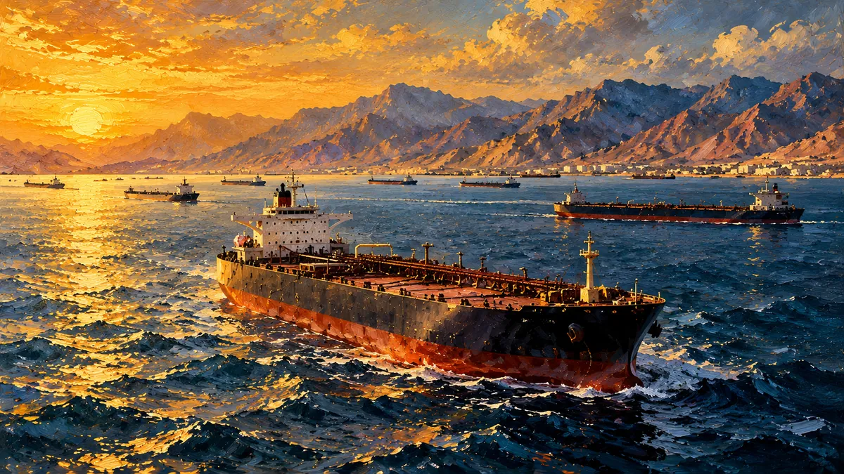 Editorial painting of crude oil tankers in a narrow mountain-lined strait at sunset