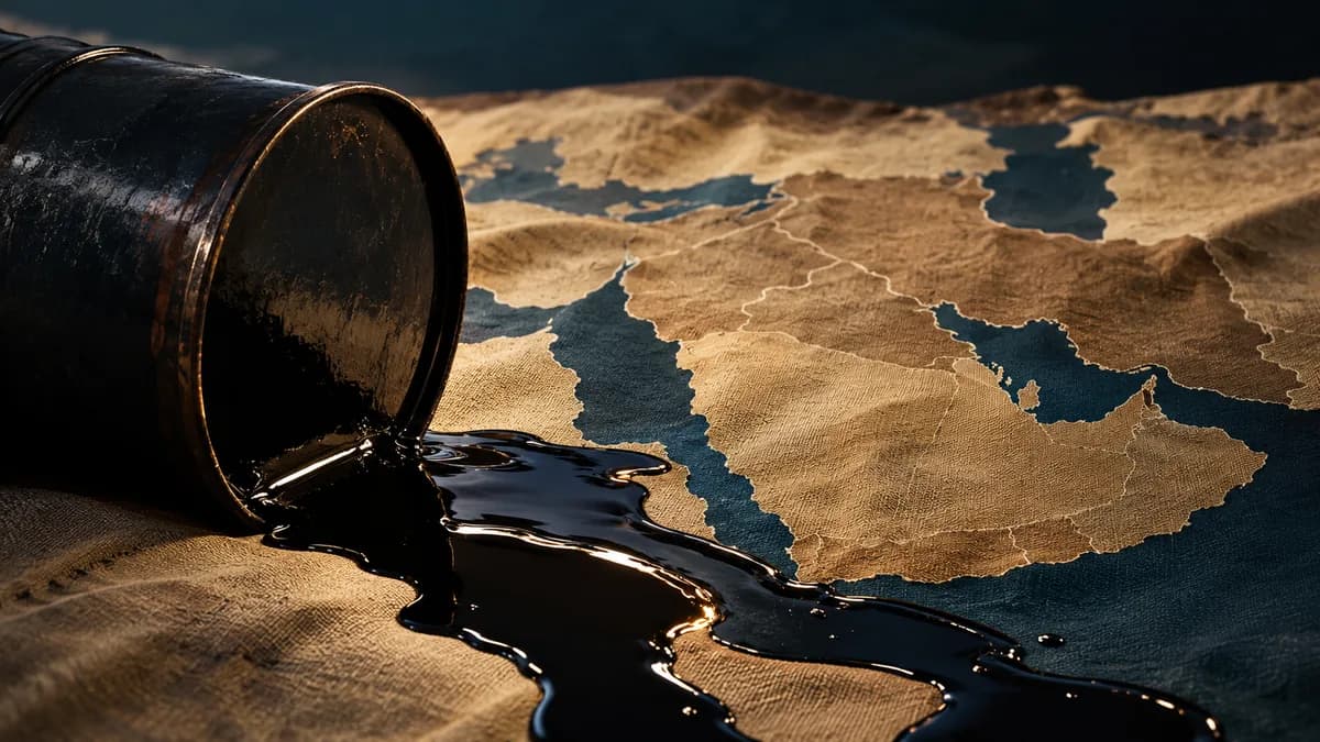 Oil barrel spilling crude across a parchment map of the Middle East and the Persian Gulf