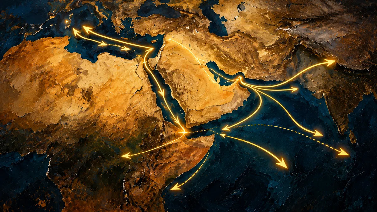 Editorial painting of a Middle East map with gold arrows for oil routes through and around Hormuz