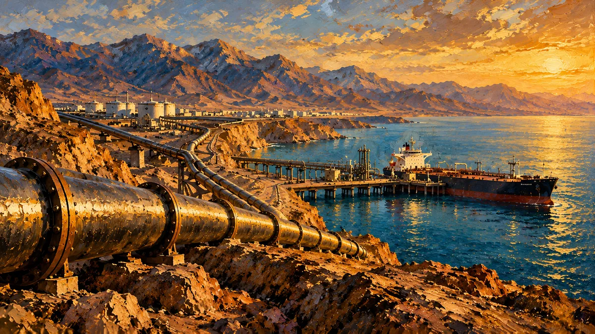 Editorial painting of an oil pipeline running along a coast to a terminal where a tanker is berthed