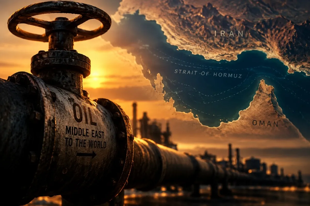 Middle East oil pipeline and valve with the Strait of Hormuz in the background, highlighting global energy risk.
