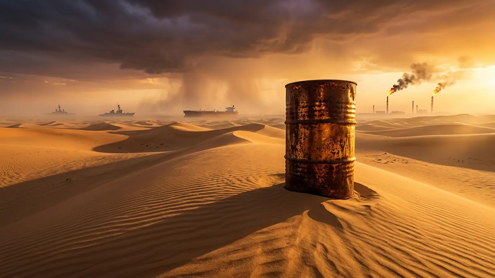 Ölfass in einer Wüstenlandschaft als Symbol für die geopolitische Risikoprämie am Hormus-Ölmarkt, 2026