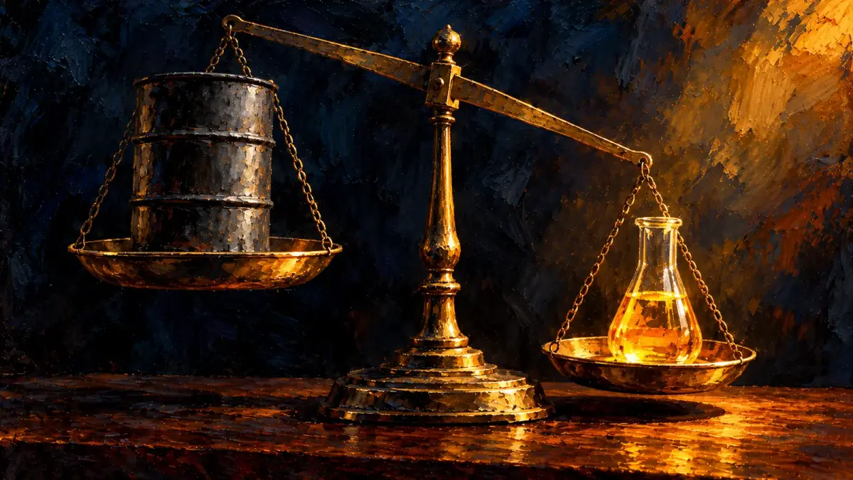 Oil painting of a balance scale where a small flask of golden refined fuel outweighs a heavy barrel of crude oil