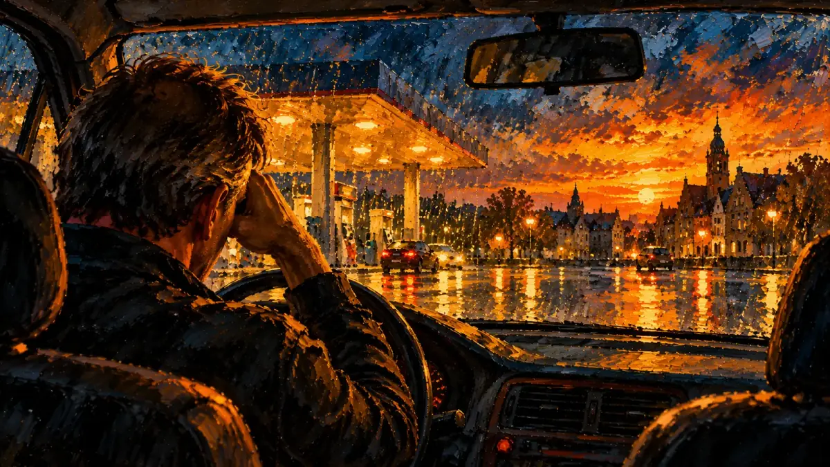 Oil painting of a worried driver in his car, head in hand, facing a petrol station in a European town at sunset