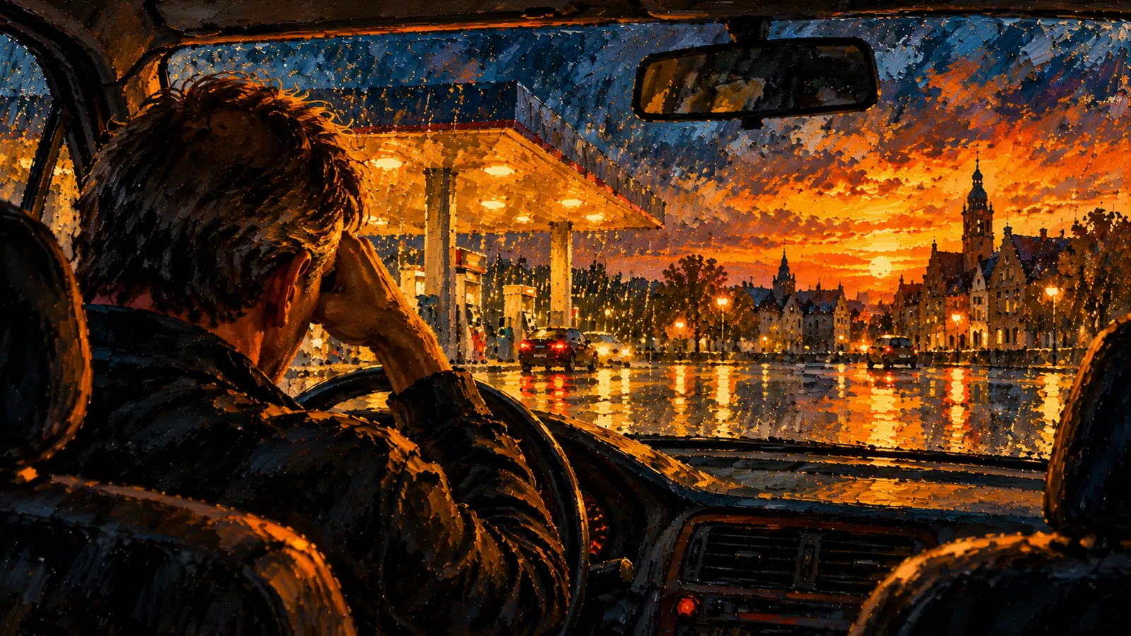 Oil painting of a worried driver in his car, head in hand, facing a petrol station in a European town at sunset