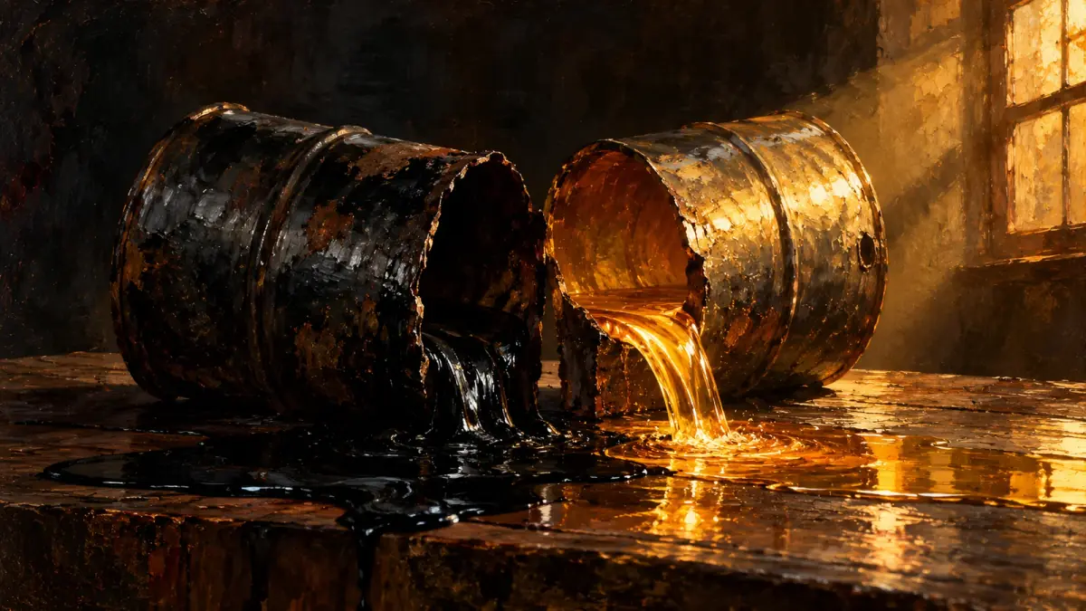 Split oil barrel with dark crude pooling on one side and golden refined fuel pouring from the other, symbol of the 2026 refining windfall