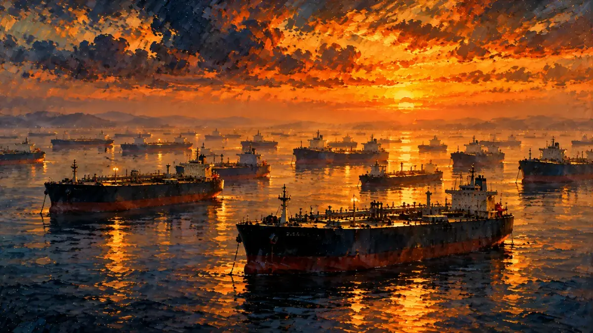Oil painting of loaded crude tankers anchored and motionless in the Persian Gulf at sunset during the Hormuz closure