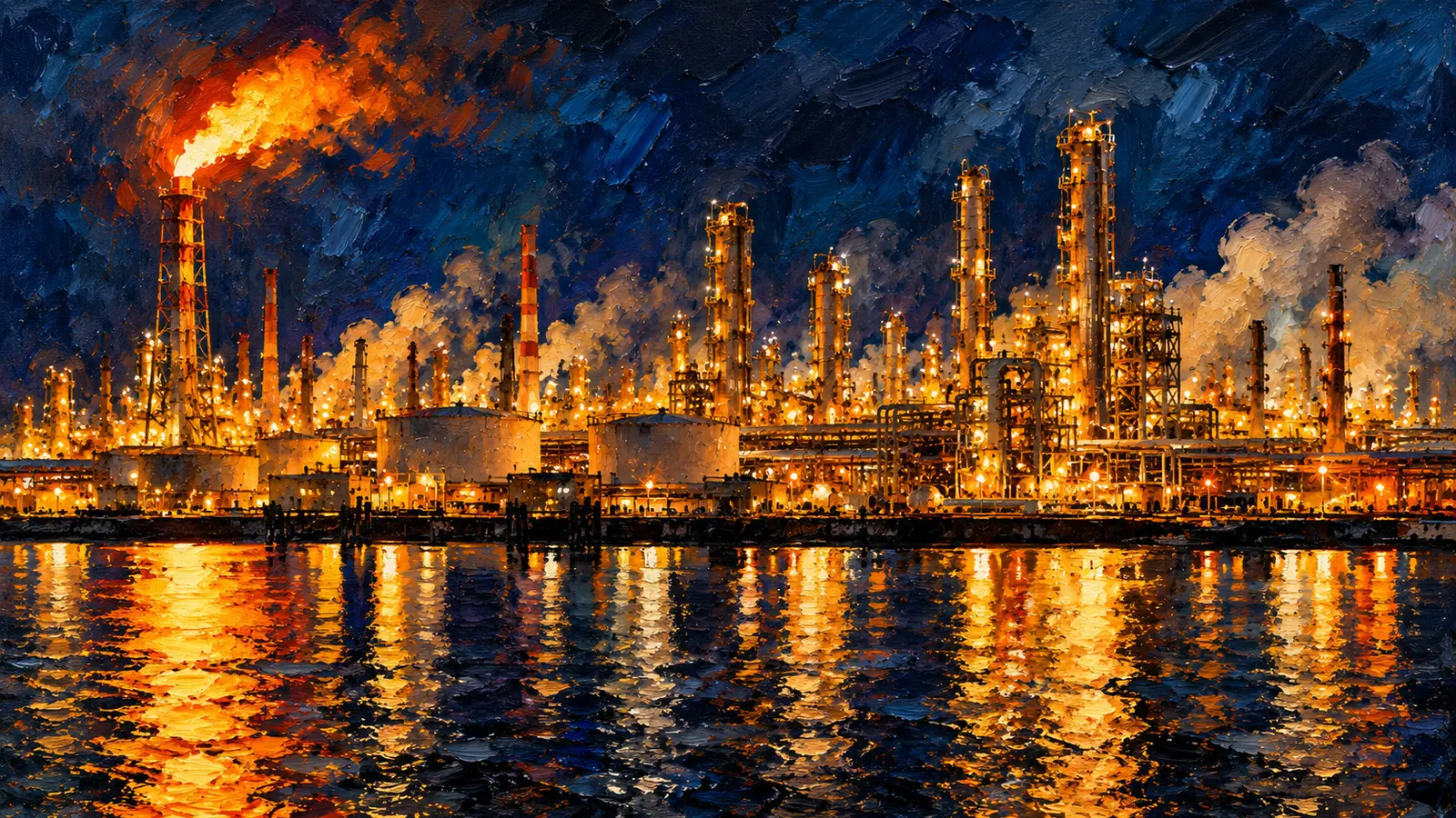 Oil painting of a US Gulf Coast oil refinery at night, glowing towers and a gas flare reflected in dark water