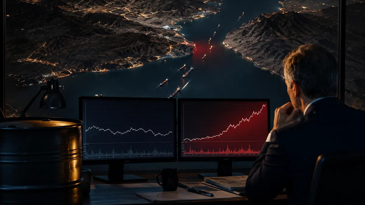 Energiemarktanalyst beobachtet Ölpreisszenarien, während Tanker die enge Straße von Hormus passieren — Charts zeigen Stabilität und steigendes Krisenrisiko.