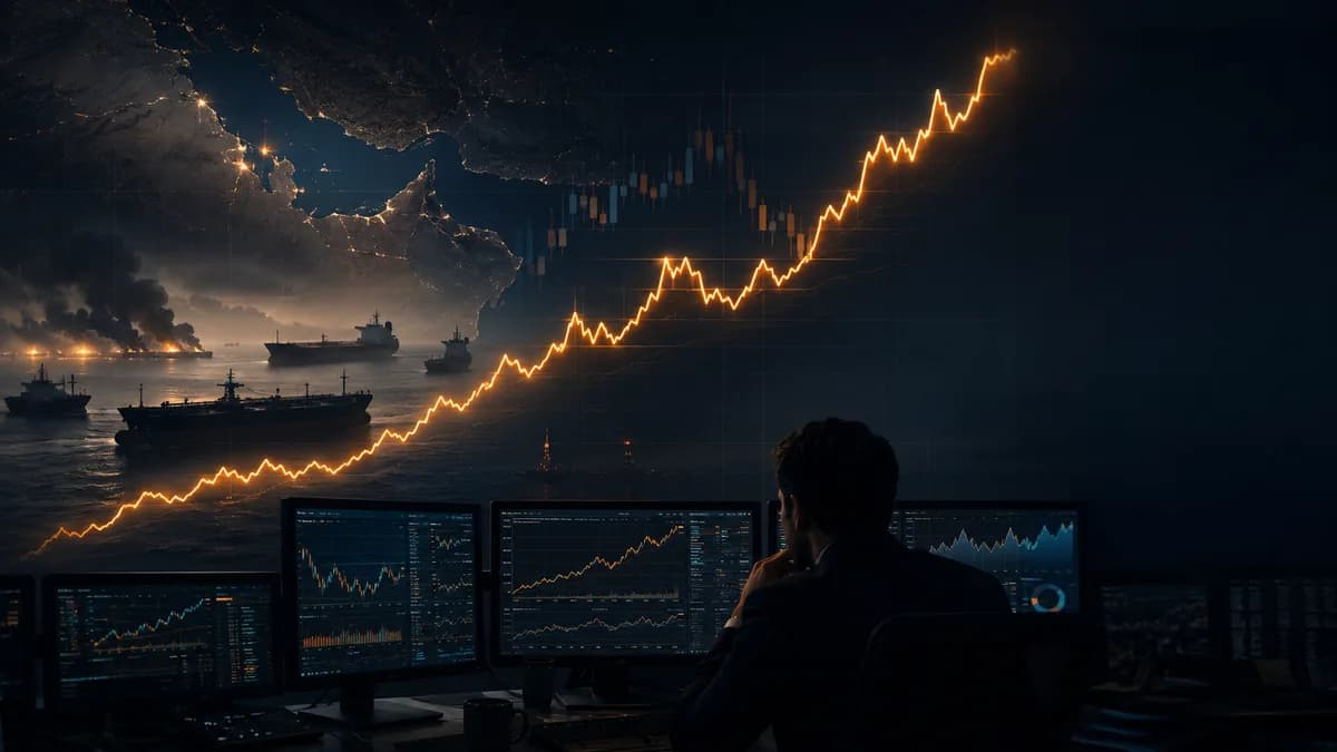 Tradingdesk mit steigender Ölpreis-Grafik und der Straße von Hormus im Hintergrund, Juni 2026