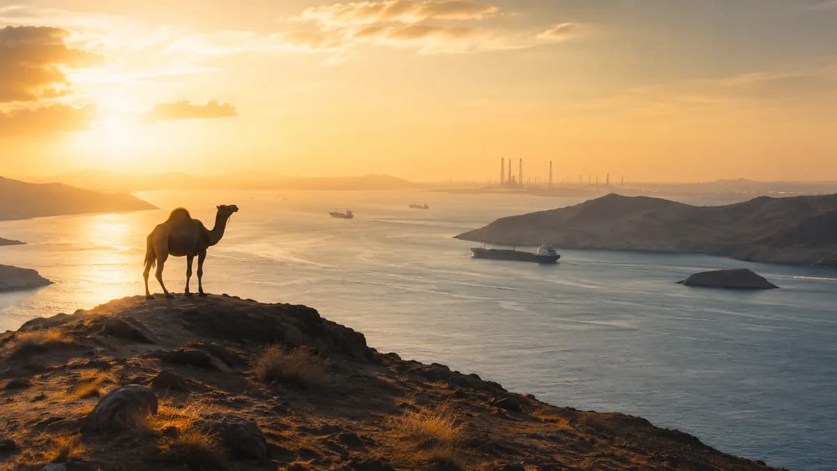 Camel overlooking oil tankers transiting the Strait of Hormuz at sunset, June 2026 oil price risk premium analysis