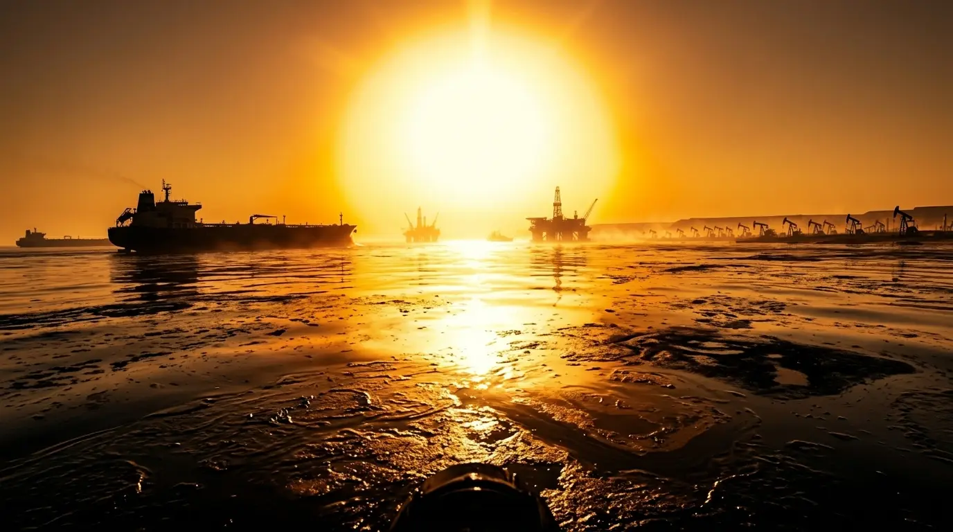 Olietanker en boorplatform bij zonsondergang in de Perzische Golf met oliepompen op de horizon