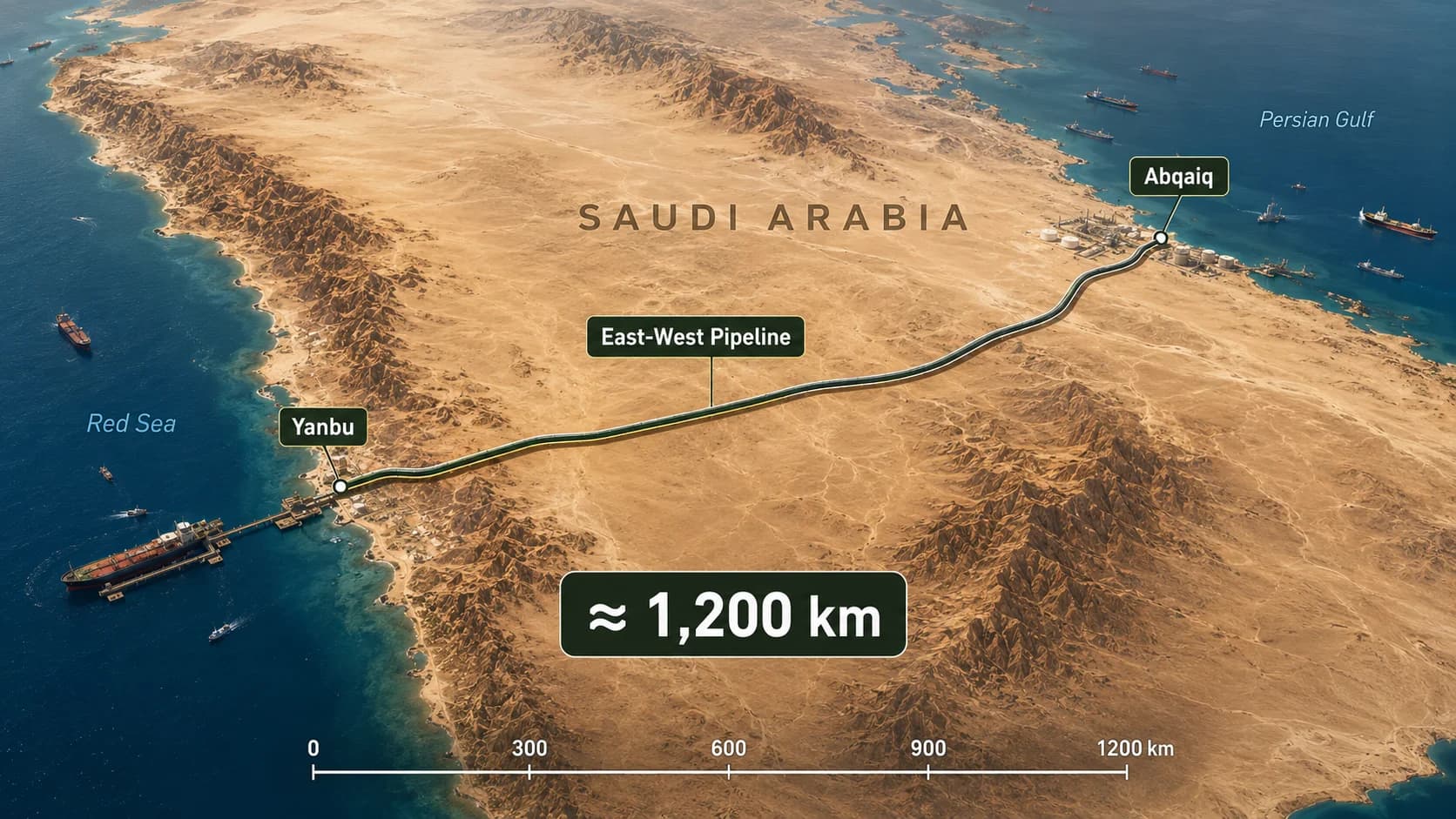 Carte de l'oléoduc Est-Ouest d'Arabie saoudite d'Abqaiq à Yanbu sur environ 1 200 km