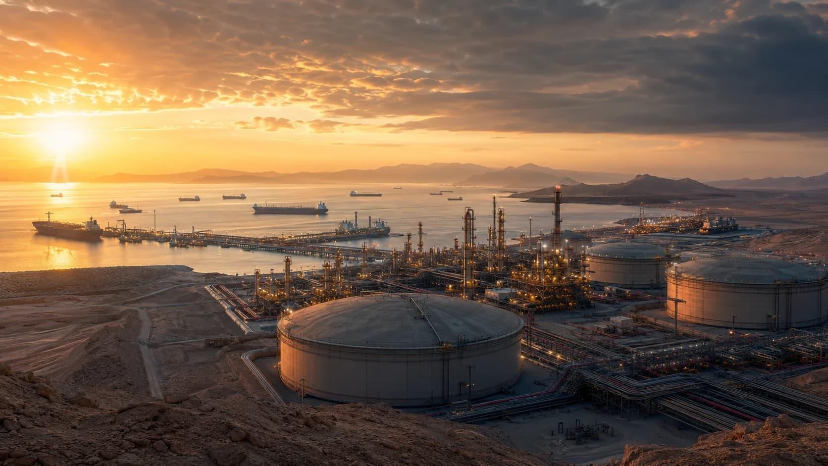 Terminal pétrolier de Saudi Aramco près de la mer Rouge pendant la crise d'Ormuz, avec pétroliers et oléoducs au lever du soleil