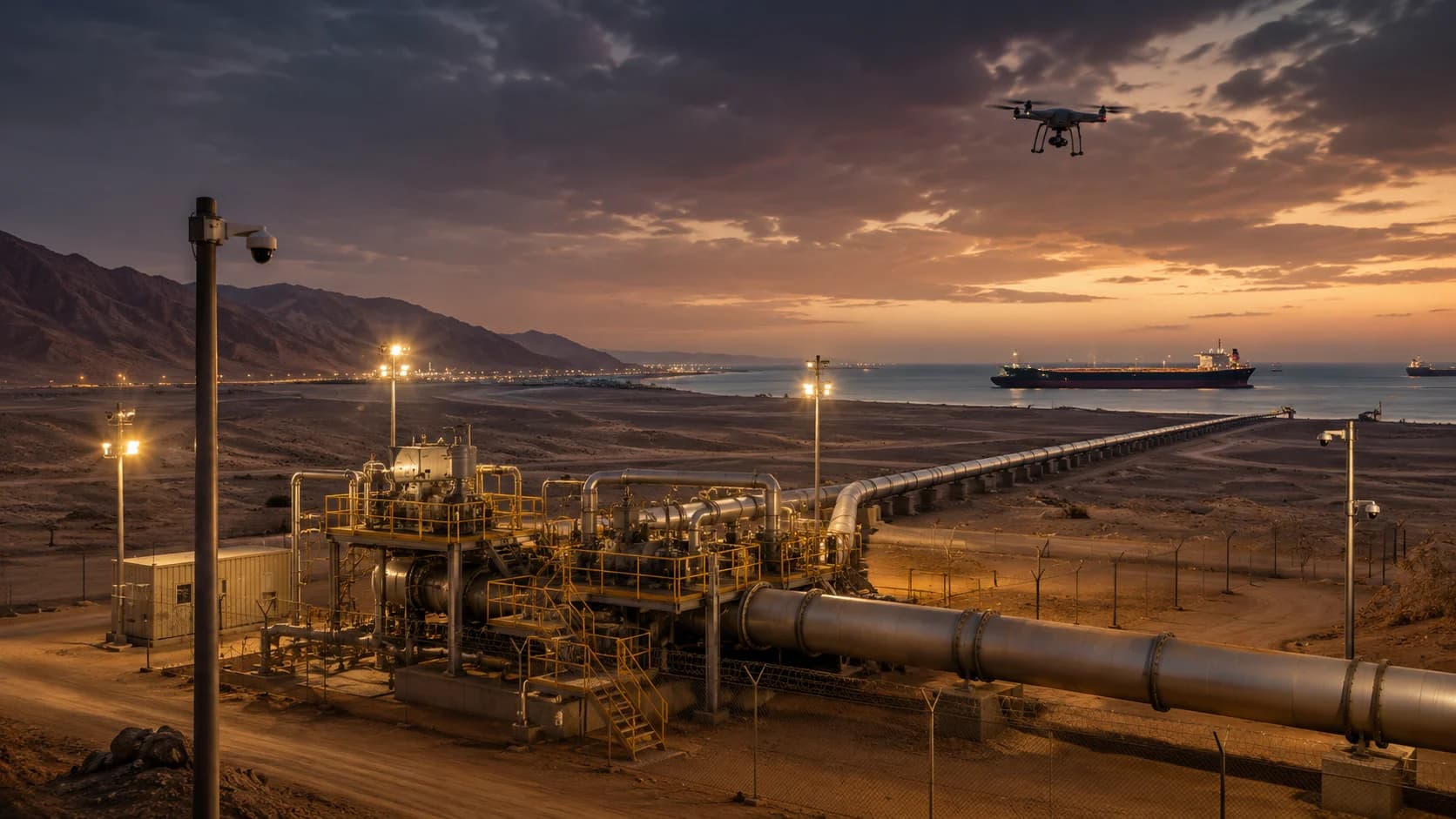 Station de pompage d'oléoduc saoudienne près de la mer Rouge avec surveillance par drone pendant la crise d'Ormuz