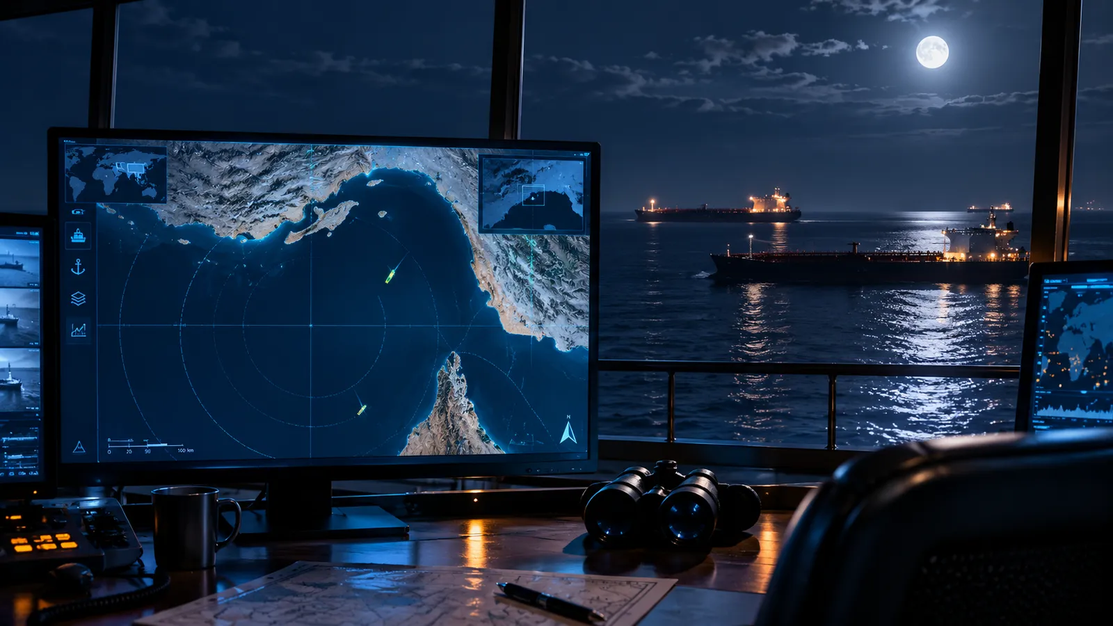 Empty AIS radar screen of the Strait of Hormuz while tanker silhouettes pass outside, showing dark shipping with AIS off