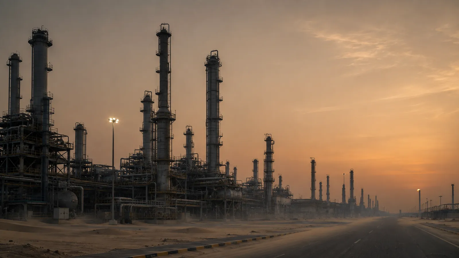 Idle Middle East refinery at dawn with no flares or steam, refining capacity standing still during the Hormuz crisis