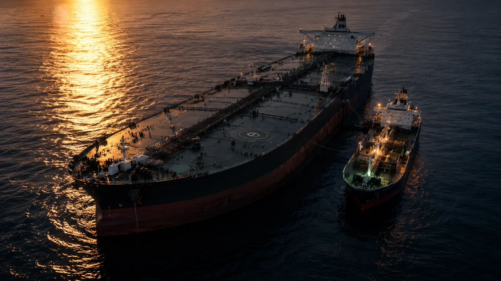 Aerial view of a VLCC supertanker dwarfing a small product tanker alongside at dusk, illustrating freight cost per barrel
