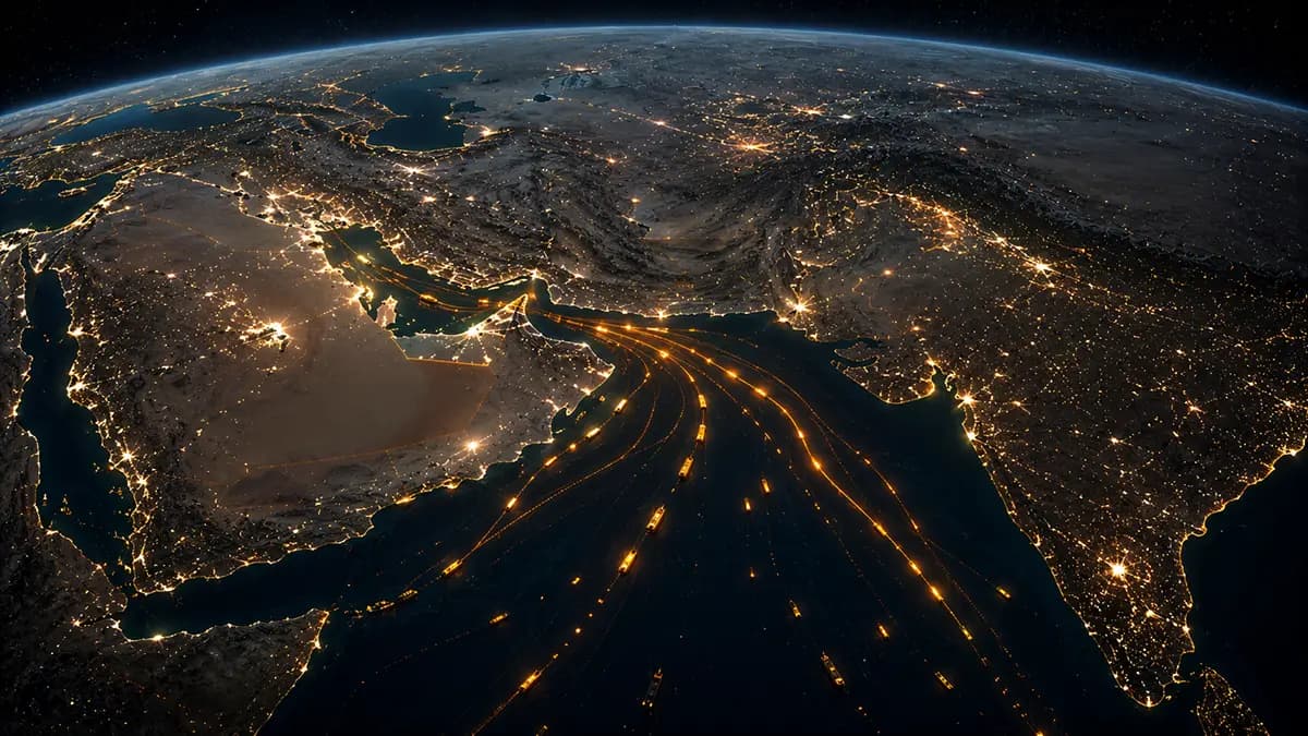 Satellitenbild aus dem Weltraum der Straße von Hormus mit leuchtenden Öltransportrouten nach Asien