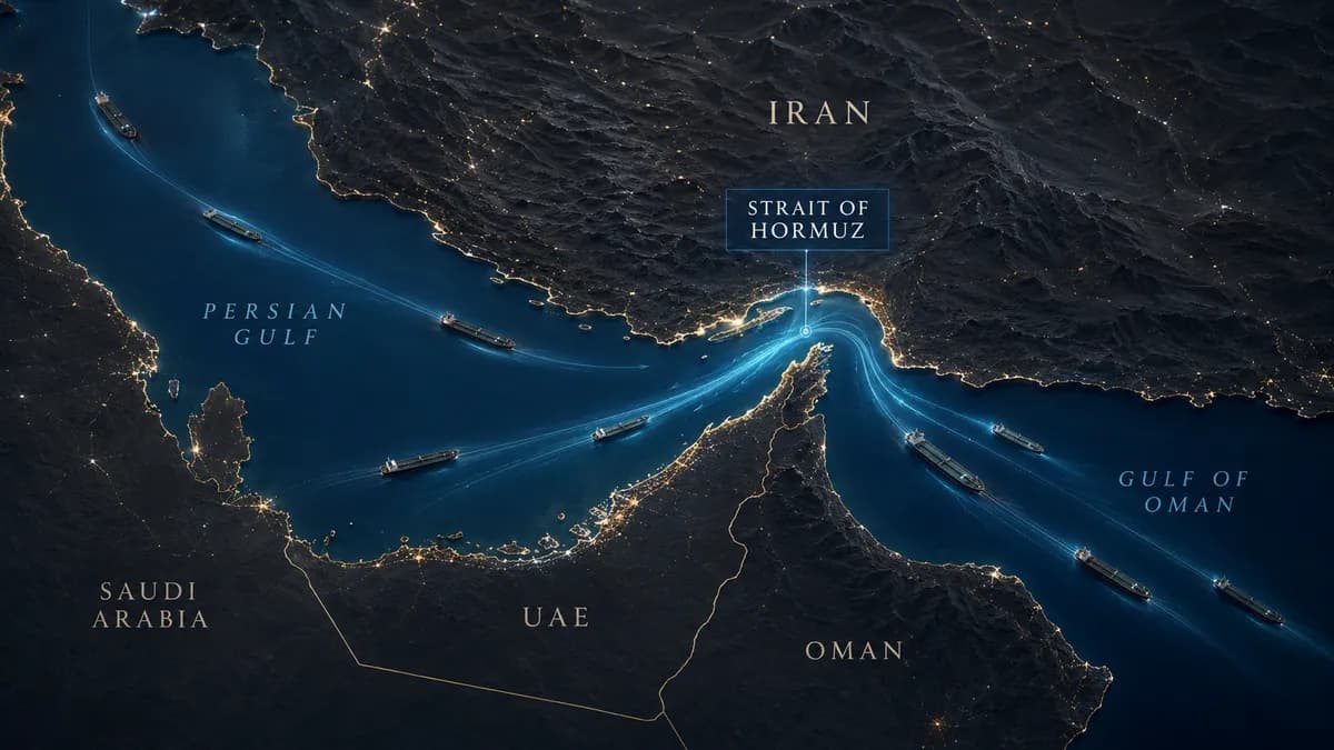 Schematic map of the Strait of Hormuz oil chokepoint with tanker flows between the Persian Gulf and Gulf of Oman