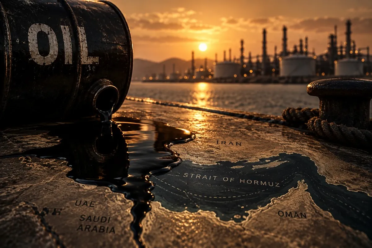 Oil spilling across a Strait of Hormuz map, symbolizing rising Middle East energy and shipping risk.