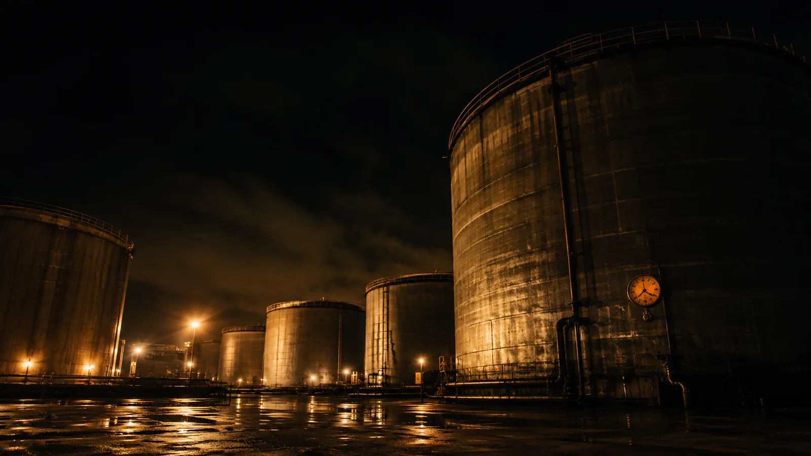 Crude oil storage tanks at night under floodlights, representing the US Strategic Petroleum Reserve falling below 300 million barrels in August 2026