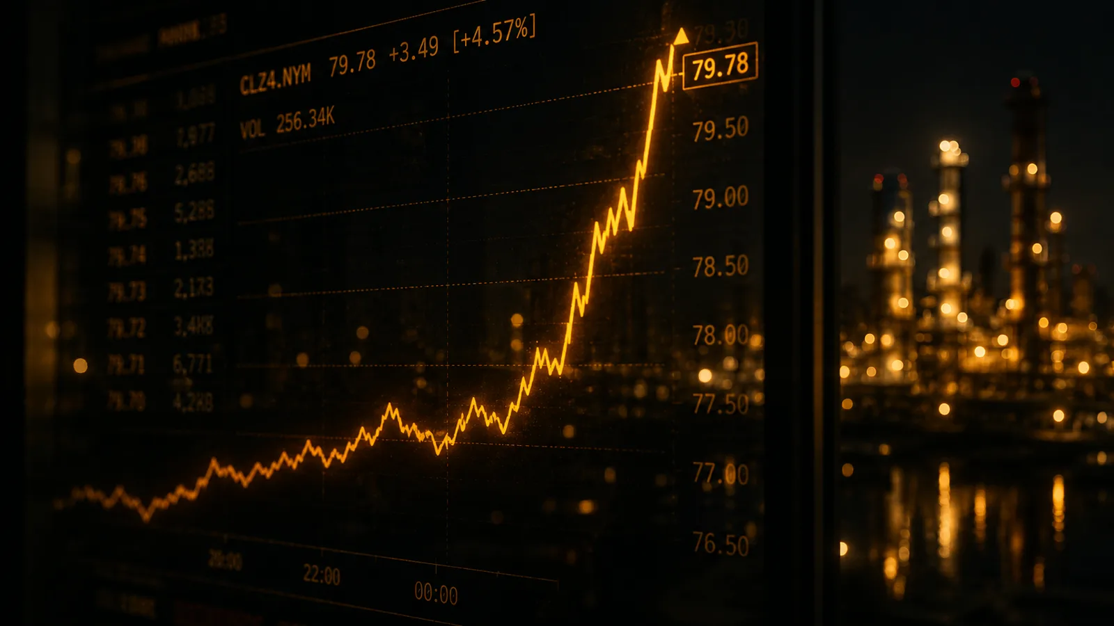 Oil price chart spiking upward on a dark trading screen with a refinery in the background, showing crude prices jumping as the Hormuz crisis deepens