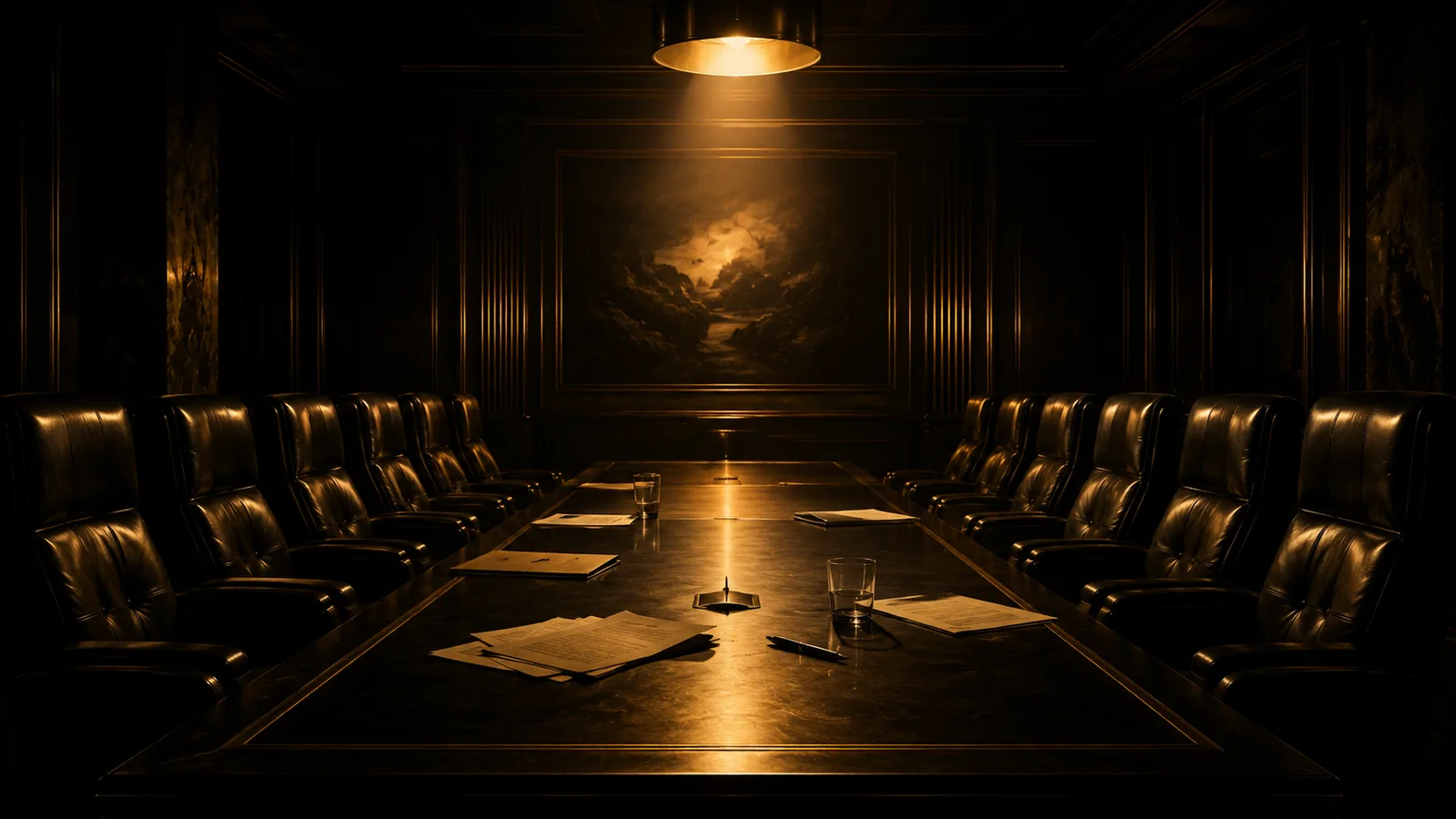 Empty negotiating table with abandoned papers in a dark conference room, symbolising stalled US Iran talks over reopening the Strait of Hormuz