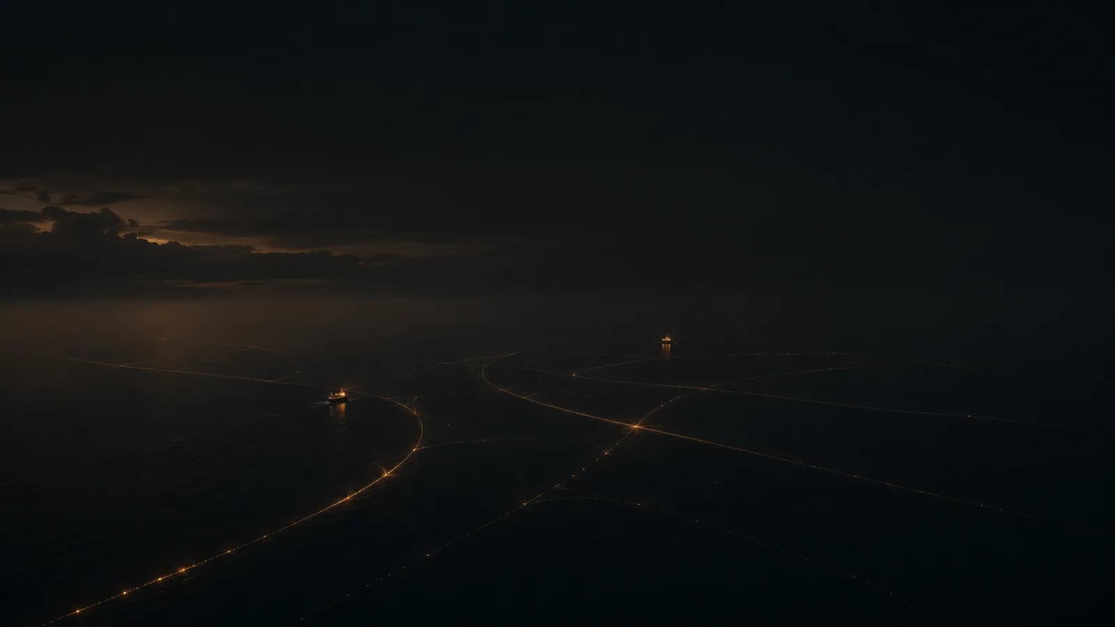 Aerial night view of the Strait of Hormuz shipping lane with only two vessels visible, illustrating the collapse in commercial tanker traffic during the August 2026 blockade