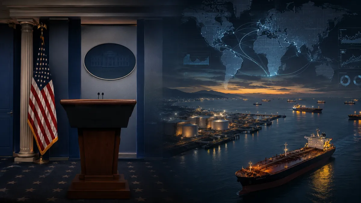 White House briefing room contrasted with oil tankers as traders seek physical market proof